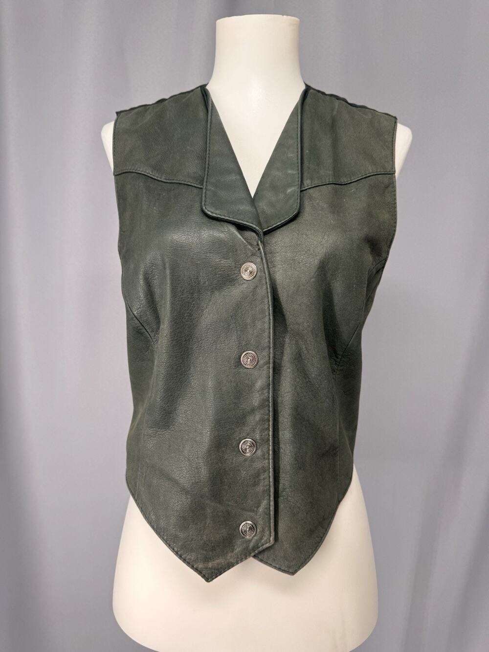 Wilson’s Leather Vest Womans Small Dark Green Button Front Biker Hippie